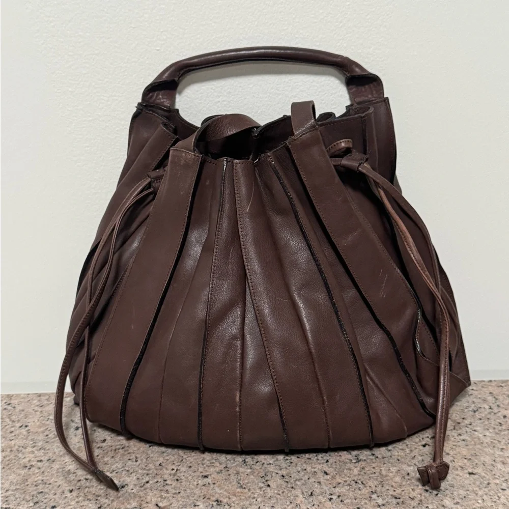 LUPO Barcelona Brown‎ Leather Pleated Backpack/ handbag
